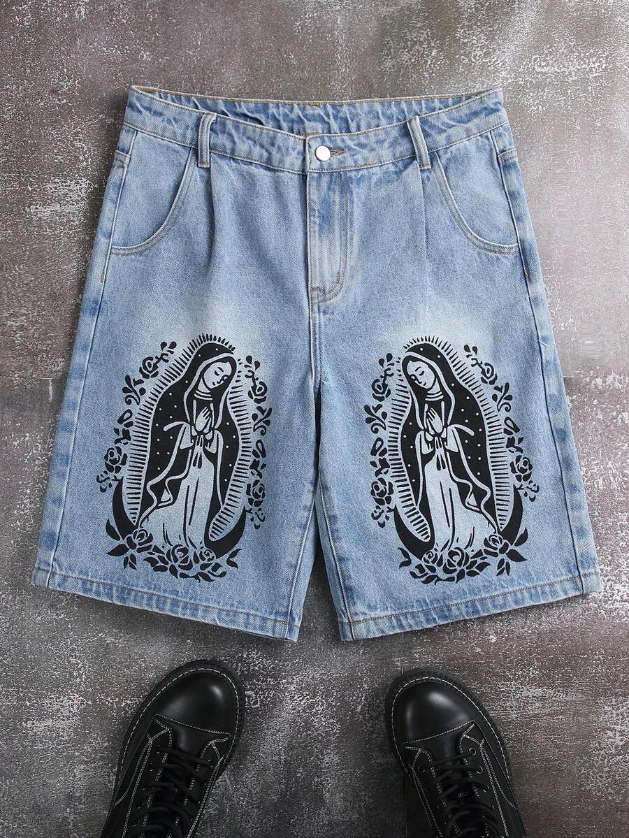 Manfinity EMRG Men's Pocket Button Graphic Casual Versatile Commute Denim Shorts - Light Wash - View 1