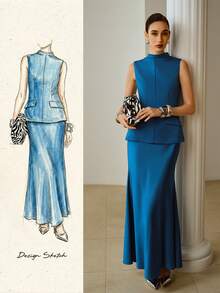 ZEYLAH Satin Long Dress, 2 In 1, Autumn/Winter - Teal Blue - View 1