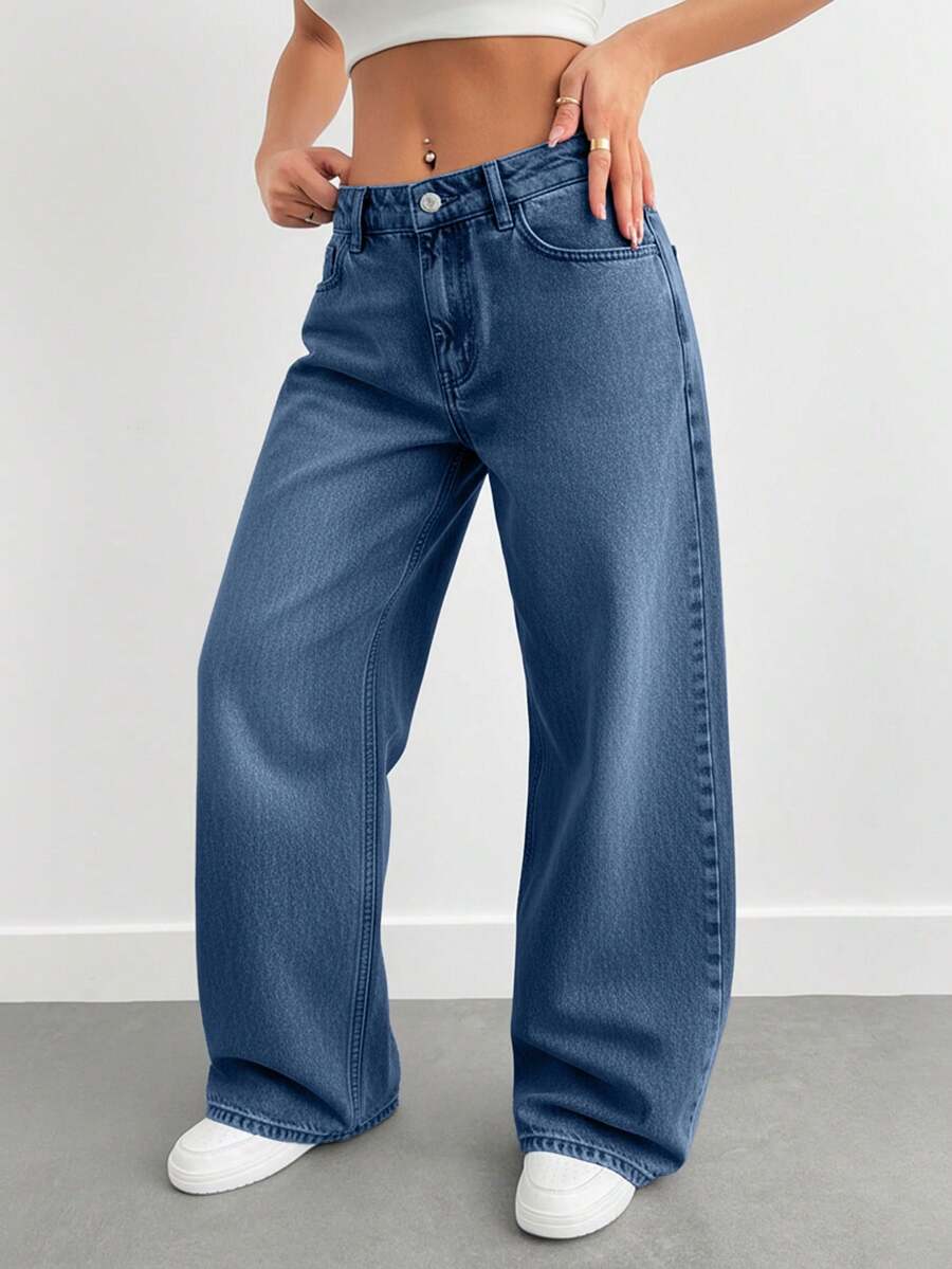 EURMUSE Jeans de tiro bajo y pierna ancha de estilo casual lavado para mujer - azul real - Ver 1