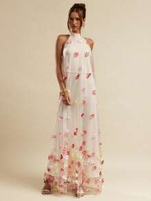 SHEIN BAE Apricot Solid Color 3D Floral Decor Cold Shoulder Loose Maxi Dress, Lace Patchwork Long Dress, Wedding Guest Attire, Brunch Dress, Elegant Social Dress, Summer Dress, Date Night Maxi Dress, Birthday Party Gown, Bridesmaid Mini Dress, Beach Vacation Maxi Dress Garden Party Dresses Boho Wedding Guest Dress Long Dress Summer Floral Applique Dress - Apricot - View 3
