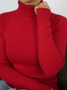 SAYEHFBABY Women Casual Solid Color High Collar Fleece Sweater For Winter For New Year Clothes,Long Sleeve Tops Knit Pullover Fall Outfit - Red - View 3