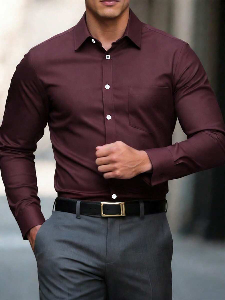 Manfinity Mode Camisa de manga larga con botones para hombre, casual y de oficina - Marrón Chocolate - Ver 1