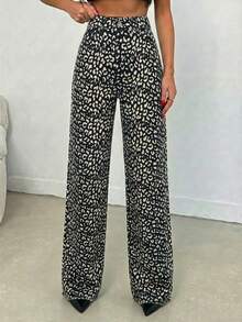 SHEIN Tall Pantalón vaquero de tiro medio y corte ancho de leopardo 100% algodón para personas altas - Multicolor - Ver 3