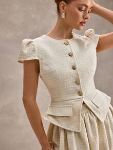 2pcs Women Tweed Round Neck Short Sleeve Button Up Top And Bubble Hem Skirt Set - White - View 2