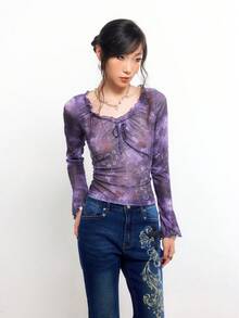 Bloopia Women's Floral Print Frill Trim Front Tie Long Sleeve Fashionable Blouse - Purple - View 3