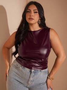 SHEIN BAE Camiseta de tirantes de mujer de verano de cuero sintético PU plisado y ajustado - Burdeos - Ver 4