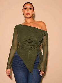 SHEIN BAE Áo lưới dáng rộng dành cho nữ, có dây rút bên hông, thanh lịch, thích hợp cho các buổi tiệc tùng, mùa hè, sinh nhật và nhiều dịp khác. - xanh quân đội - Xem 6