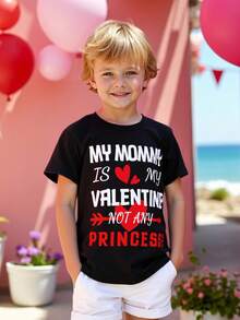 Young Boy Casual Minimalist Letter & Valentine's Day Graphic Round Neck Short Sleeve T-Shirt, Suitable For Summer - Black - View 1