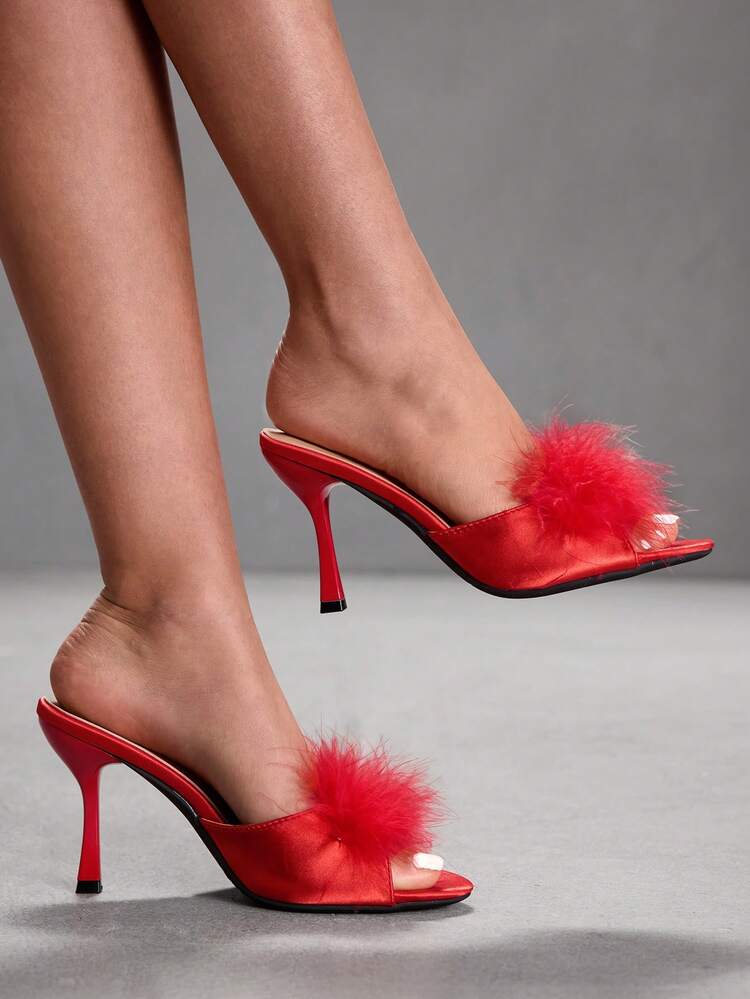 CUCCOO SZL Women's Furry Decor Elegant High Heel Slide Sandals Prom Heels