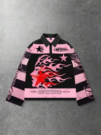 Street Life Herren gestreiftes Kragen Langarm bedrucktes T-Shirt, lässiger College-Stil Top