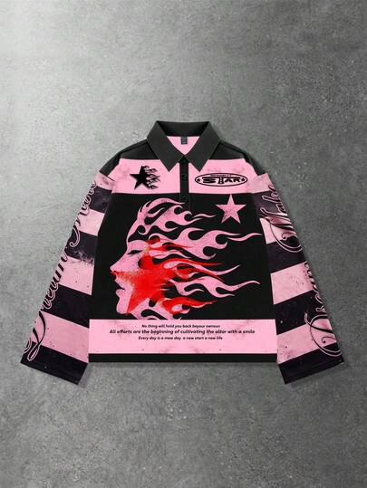 Street Life Maglietta a maniche lunghe con colletto a righe e stampa, stile casual da college per uomo