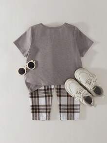 THE HAPPY LOOK 2pcs/Set Young Girl Cartoon Bear Pattern Knit Soft Round Neck Short Sleeve Top And Plaid Pants - Multicolor - View 2