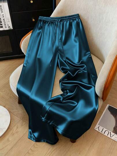 Franclia Casual Teal Blue Satin Straight Leg Pants For Women Long Drawstring Plus Size Trousers Satin Pants Silk Pants Satin Trousers Wide Leg Satin Pants Loose Pants