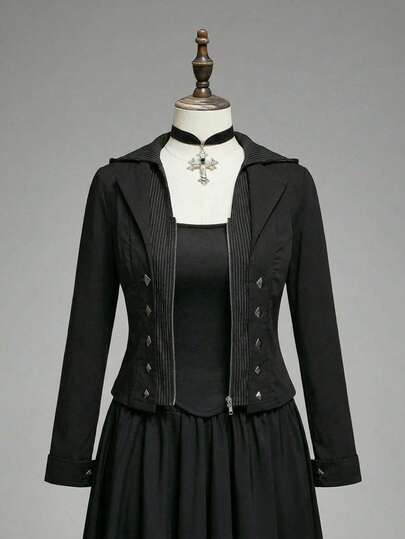 Grunge Punk Plus Size Y2K Punk Rivet Dual-Zipper Collared Cinched Waist Shirt Dress For Women