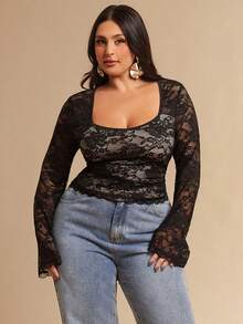 SHEIN BAE Blusa transparente y sexy con espalda descubierta para mujer de talla grande