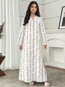 SHEIN Teen Girls White Polyester Long Sleeve Tunic Dress With Ruffle Details And Notched Neckline Vacation Style Floral Print - White - View 6