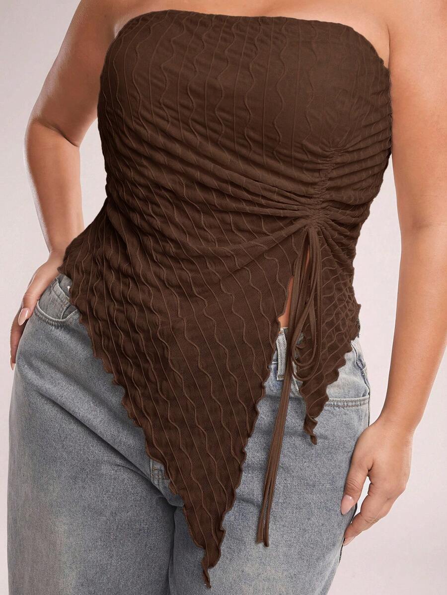 SHEIN BAE Áo ba lỗ buộc dây rút bất đối xứng màu mơ xuân/hè cỡ lớn dành cho nữ, áo crop top họa tiết gợn sóng, áo hai dây gợi cảm, phong cách Y2K thích hợp cho các buổi hẹn hò, đi chơi, lễ hội âm nhạc, trà chiều, tiệc tùng, mùa tốt nghiệp, mùa cưới - Cà phê nâu - Xem 1