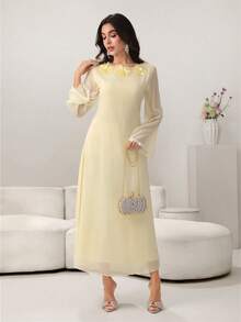 Yasmyna Women's Elegant Arabic Style Chiffon Floral Lace Tie Waist Long Sleeve Woven Dress, Spring/Summer, Yellow - Yellow - View 5