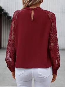 SHEIN Clasi 女士时尚休闲长袖蕾丝拼接衬衫 - 紅色 - 查看 2