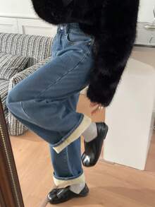 DAZY Quần jeans ống rộng cạp cao lót giữ nhiệt, màu đen, dáng suông dành cho nữ, thích hợp cho mùa thu/đông. - Rửa trung bình - Xem 8