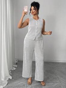 Elenzga 大码女式休闲黑白条纹纹理宽松两件套裤装，春秋季 - 黑與白 - 查看 4