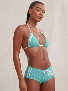 NYA SZN Swim Two Pieces String Bikini Short Cheeky Set Sporty Striped Beach Vacation Red Swimwear Carnival Outfits For Women - Green - View 5
