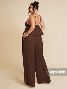 SHEIN BAE Plus Size Women's White Linen Camisole Top, Lace Patchwork Blouse, Suitable For Concerts, Spring/Summer/ - Coffee Brown - View 6