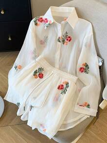 Resyla Loose Regular Chiffon Drop Shoulder Long Sleeve Shirt & Shorts Set - White - View 3