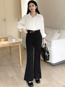 Teen Girl Metal Buckle Decor Casual Flare Pants Bell Bottom Pants Pants Flare Leg Tall Girl Pants - Black - View 4
