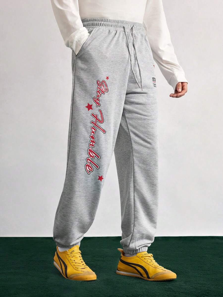 Open Phase Men's Casual Street Fashion English Slogan Printed Sweatpants - Grey - View 1