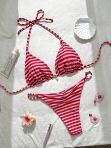 Swim Mod Women's Tropical Print Two Pieces Bikini Set, Casual Holiday Style - Pink - View 1