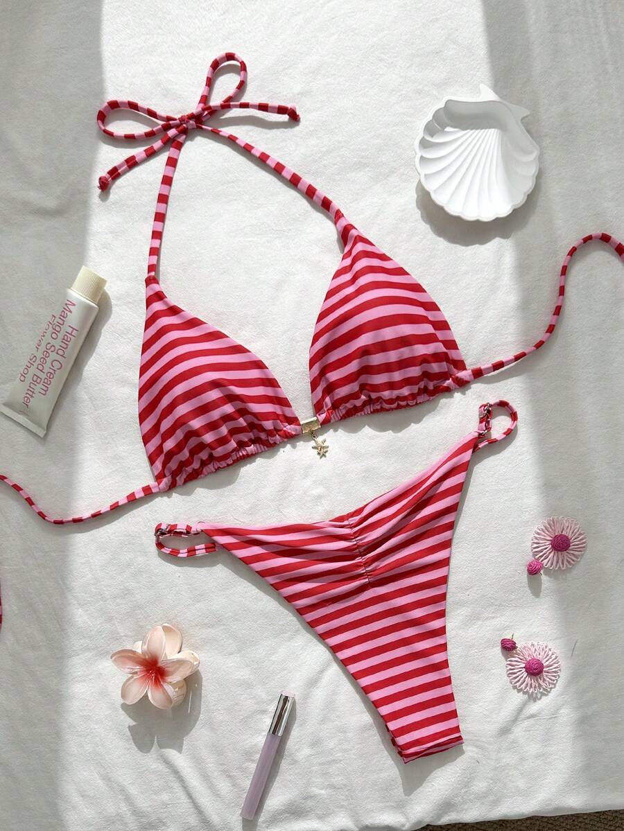 Swim Mod Women's Tropical Print Two Pieces Bikini Set, Casual Holiday Style - Pink - View 1