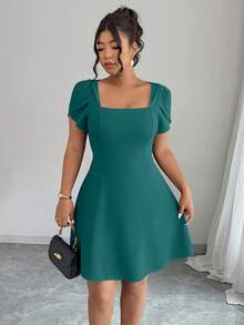 Elenzga Plus Size Solid Color Square Neck Raglan Short Sleeve Hollow Bow Decor Dress - Teal Blue - View 5