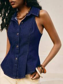 Poéselle 女士无袖修身牛仔衬衫，休闲日常穿着 - 深色水洗藍 - 查看 5