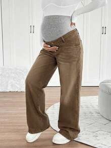SHEIN 孕妇针织托腹宽松直筒牛仔裤 - 棕色 - 查看 3