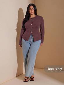 SHEIN BAE Blusa básica de manga larga con decoración de botones metálicos para mujer de talla grande - Burdeos - Ver 3