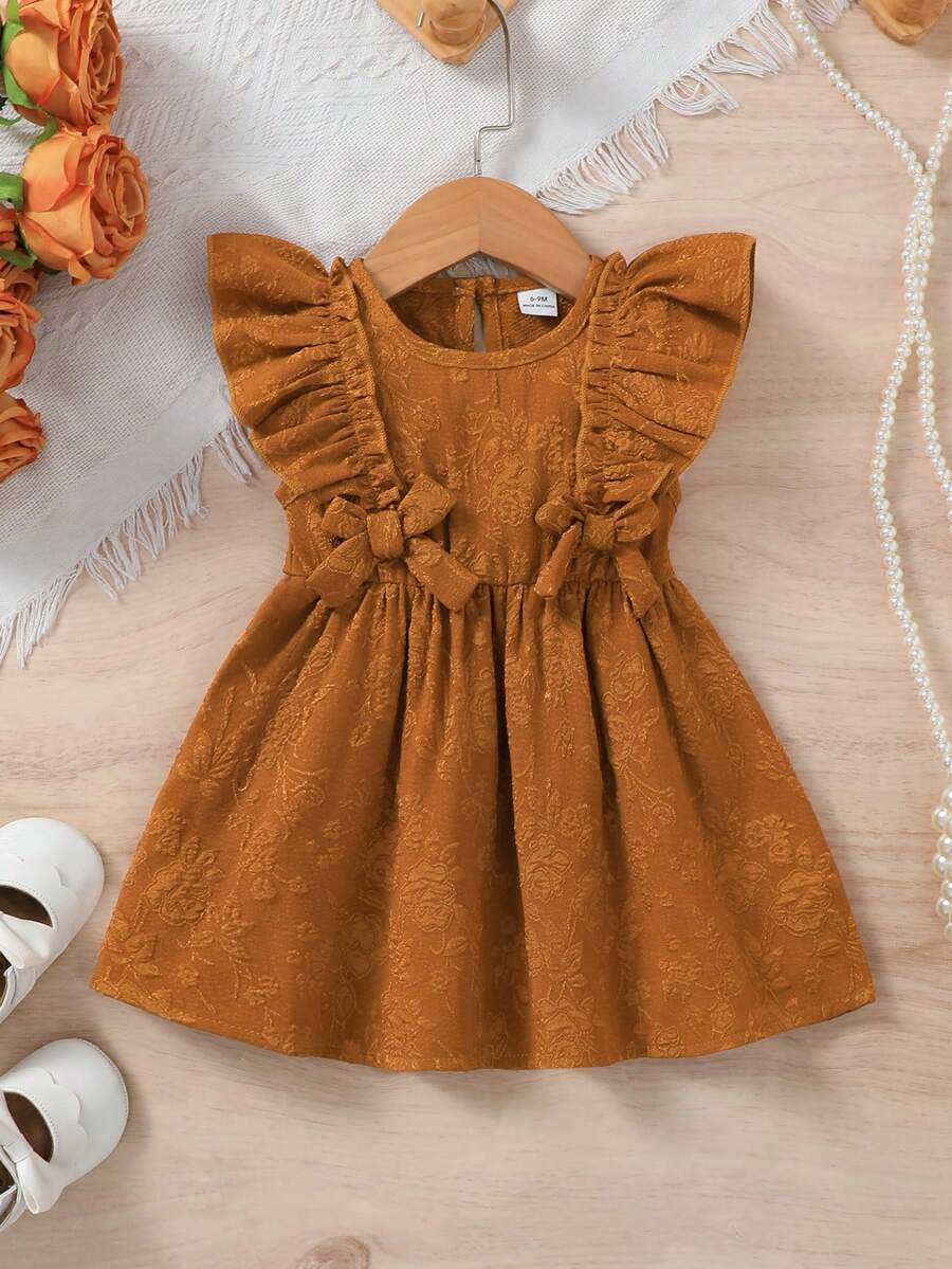 SHEIN Vintaside Kids Baby Girls' Soft Jacquard Fabric Round Neck Ruffle Hem Bow Elegant Dress, Spring/Summer - Yellow - View 1