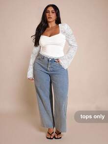 SHEIN BAE 大码女式蕾丝拼布长袖上衣 - 白色 - 查看 4