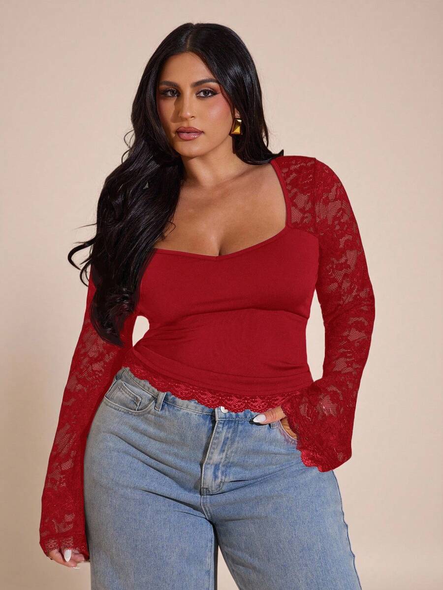 SHEIN BAE Plus Size Women Lace Patchwork Long Sleeve Top - Red - View 1