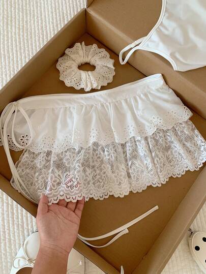 Comfortcana Women's Fashion Casual Vacation Style Contrast Lace Ruffle Drawstring Waist A-Line Skirt  For Women   Elegant, Vacation, Casual,  Y2k ,Clothes   Summer  Spring Valentine's Day Valentine Clothes  Carnival Beach  Birthday Party Wedding  Going Out  Outfits For Women