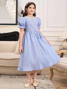 SHEIN Kids Elegant Lace Trim Peter Pan Collar Dress, Girls Puff Sleeve Jacquard Blue Dress For Birthday Party & Daily Wear - Blue - View 4
