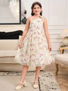 1件少女优雅欧根纱印花吊带可拆卸蝴蝶结装饰拉链连衣裙，公主风，适合日常、派对、度假、婚礼，春夏皆宜 - 杏色 - 查看 7