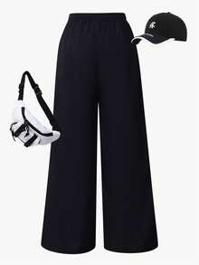 SHEIN Mirajuku 青少年男童休闲运动风字母拼接直筒裤 - 黑色 - 查看 2