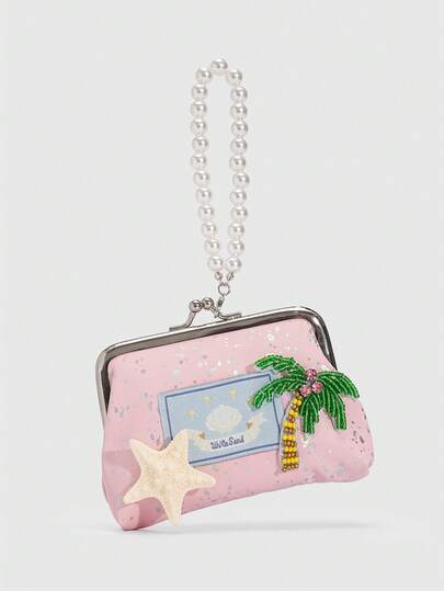 ROMWE Fairycore 1Pc 4-Inch  Wallet With A Tropical Coconut Tree, A Star-Decorated Pearl Chain Mini Bag, A Tropical Island Dopamine Color System Mini Wallet