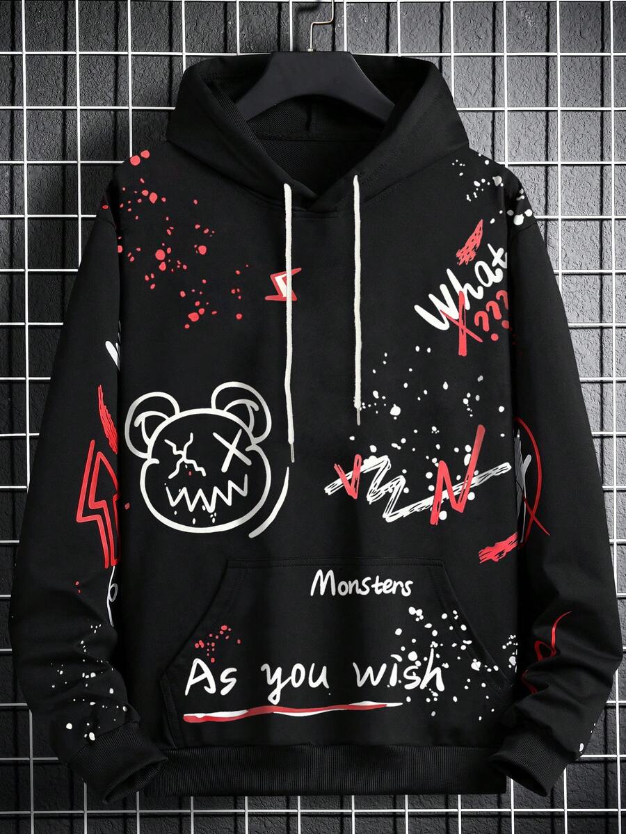 Manfinity Homme Loose Men's Letter & Cartoon Graphic Kangaroo Pocket Drawstring Hoodie - Black - View 1