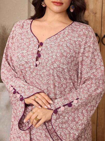 Veilorie Đầm maxi dài tay cổ chữ V in hoa kiểu Ả Rập dành cho nữ cỡ lớn