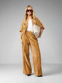 MISSGUIDED 秋冬休闲舒适阔腿灯芯绒高腰阔腿裤 - 駝色 - 查看 3