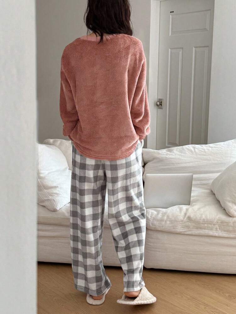 Women's Winter Fleece Letter Embroidery Top And Plaid Pajama Pants Sleepwear Set