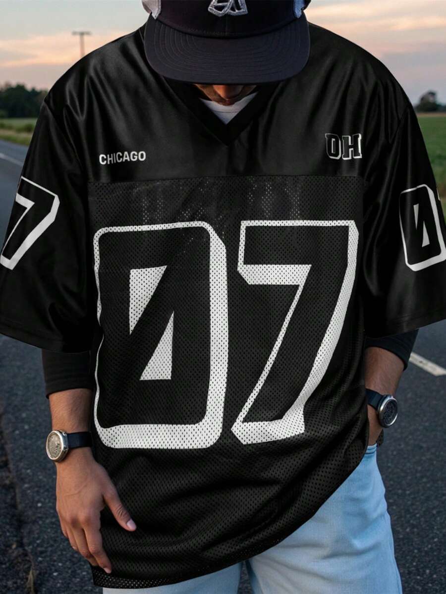 Manfinity EMRG Men's Hip Hop #07 Printed Short Sleeve T-Shirt Black Jersey Number Jersey Baggy Jersey - Black - View 1