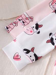 Newborn Cute Animal Cartoon Theme Pink Khaki Cow Heart Pattern Long Sleeve Footed Romper Set - Baby Pink - View 5